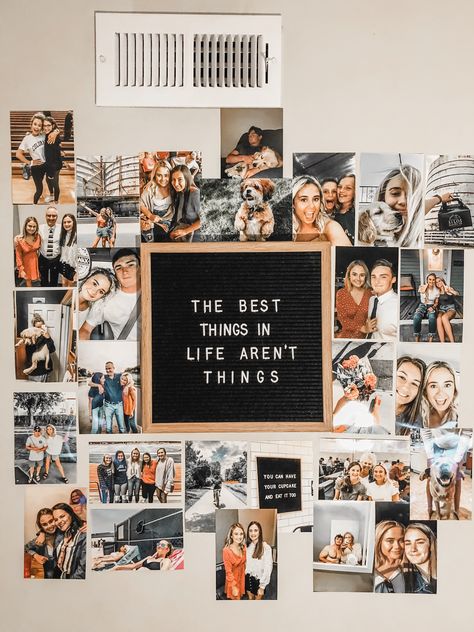 Bedroom Photo Collage, Dorm Photo Display, Photo Walls Bedroom, Photowall Ideas, Zimmer Diy, Diy Wall Decor For Bedroom, College Dorm Room Decor, Photo Room, Dorm Room Ideas