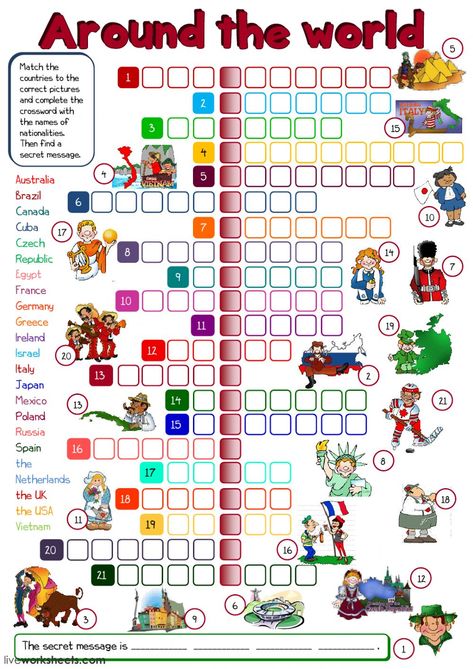 Activity for the second theoretical basis about nationalities. Do the crossword. // Actividad para la segunda base teórica sobre nacionalidades. Haz el crucigrama. English Exercises, Learning Worksheets, 1st Grade Worksheets, English Activities, English As A Second Language (esl), English As A Second Language, Speak English, Esl Worksheets, Secret Messages