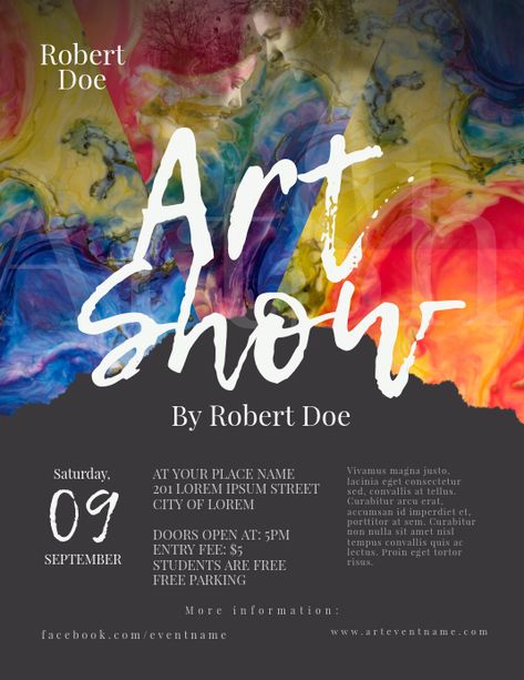 Ink or mixed paint element with handwritten typography. Eye catching colors and position Art Show Flyer, Art Show Poster, Contest Poster, Show Flyer, Art Brochures, Free Psd Flyer Templates, Free Psd Flyer, Art Invitation, Art Exhibition Posters