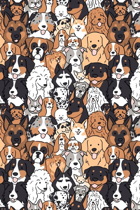 Dogs breeds, so many dog breeds illustration pattern for all the dog lovers Poster Dog Design, Cartoon Dog Wallpaper, Boxer Dog Wallpaper, Australian Shepherd Wallpaper, Dog Pattern Illustration, Dog Pattern Wallpaper, Dog Laughing, German Shepherd Wallpaper, Doberman Rottweiler