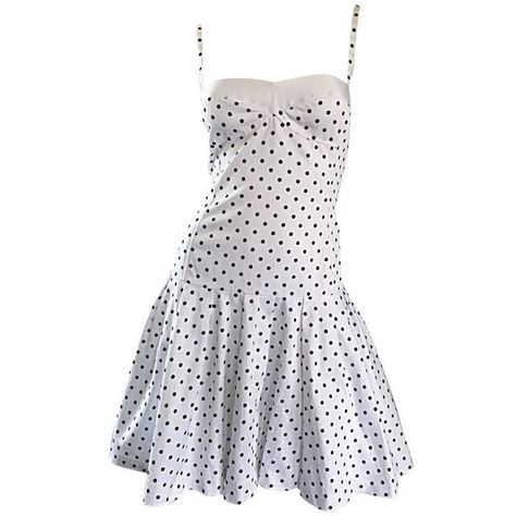 Preowned Enrico Coveri 1980s Vintage White & Black Polka Dot Cotton... (€780) ❤ liked on Polyvore featuring dresses, cocktail dresses, white, white skater skirt, holiday dresses, fit and flare dress, evening dresses and champagne evening dress 80s Dresses Casual, Printed Skirt Outfit, Polka Dot Summer Dresses, Fit And Flare Cocktail Dress, Designer Summer Dresses, White Vintage Dress, Polka Dots Outfit, Dot Print Dress, White Cocktail Dress