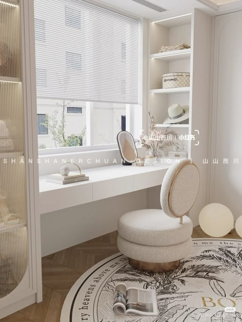 Makeup Vanity By Window, Built In Cabinet With Vanity Table, Under Window Dressing Table, Built In Dressing Table Under Window, Dressing Table Against Window, Table Under Window Bedroom, Vanity Table In Front Of Window, Korean Vanity Table Aesthetic, Built In Makeup Desk