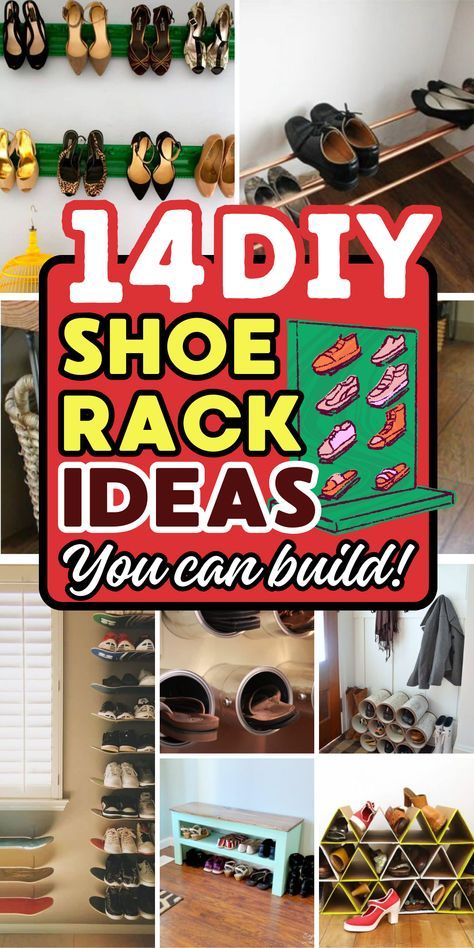 Keep your shoes organized with these smart and stylish DIY shoe rack projects. Custom Shoe Shelves, Shoe Hanging Ideas, Diy Small Closet Shoe Storage, Closet Diy Shoe Storage, Diy Shoe Shelf For Closet, Tall Shoe Rack Ideas, Shoe Rack Space Saving, Shoe Wall Storage Ideas, Cost Rack Ideas