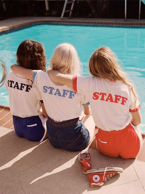 Summer camp fashion 70s inspired | Staff ringer tees | Girlfriend is Better Camp Counselor Aesthetic, 1980s Summer, Summer Camp Aesthetic, Camp Aesthetic, Camp Collection, Camp Fashion, Camping Snacks, Camping Diy, Fashion 70s