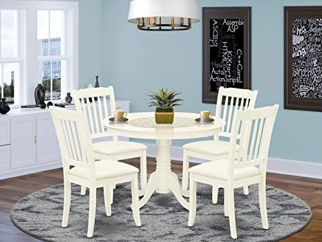 East West Furniture HLDA5-LWH-C 5-Piece Dining Room Table Set - A Round Breakfast Table and 4 Dining Room Chairs – Linen Fabric Kitchen Chairs Seat & Slatted Back - Linen White Finish White Kitchen Chairs, Fabric Kitchen Chairs, Dinette Chairs, Modern Dining Table Set, Round Kitchen Table, Kitchen Table Wood, Dinette Tables, Solid Wood Dining Set, Dinette Sets