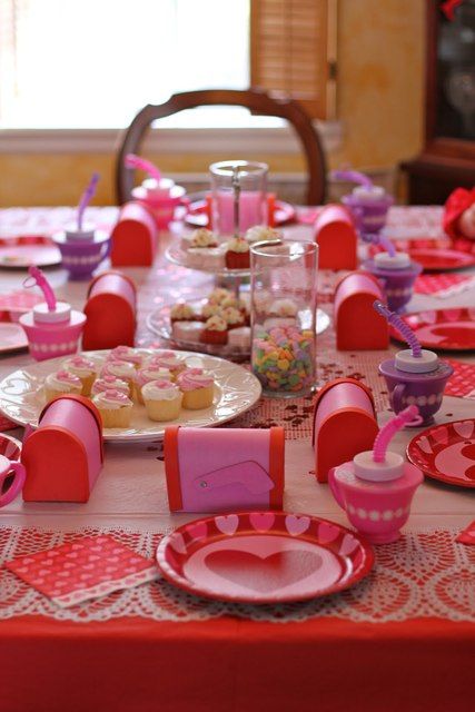 DONE!  My mom gave my kiddos little mail boxes like this for Valentine's day last year.  So, this year I used them for our Valentine's Day tea party.  Too cute!  tea party for children Party Food Valentines Day, Heart-shaped Charm Bracelet For Valentine's Day Party, Heart-shaped Bracelet For Valentine's Day Party, Valentine’s Day Tea Party Kids, Valentine’s Day Pj Party, Valentines Tea, Valentines Tea Party, Pinterest Valentines, Kids Tea Party