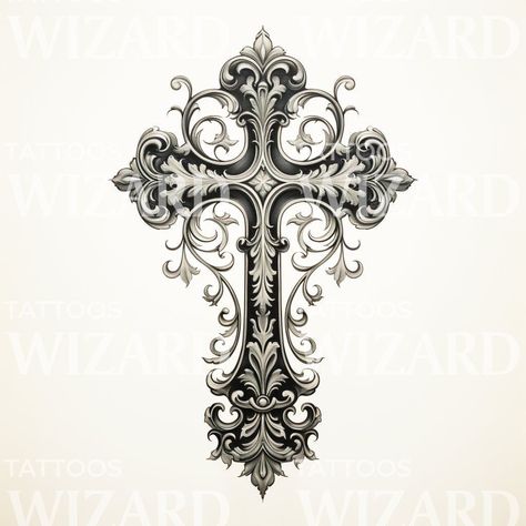 Discover the essence of intricate beauty with our Baroque Cross tattoo design. This black & grey masterpiece elegantly intertwines swirls and ornamental details, creating a mesmerizing symbol of devotion. Handcrafted by renowned tattoo artist John, embrace the divine grace with this religious-inspired artwork. Perfect for those seeking spiritual expression.Tattoo Stencil After purchasing this unique tattoo design, you'll receive a high-quality stencil that you can bring to your tattoo artist whe Cross Gothic Tattoo, Gothic Cross Design, Cool Cross Designs, Ornamental Cross Tattoo, Ornate Cross Tattoo, Unique Religious Tattoos, Gothic Cross Drawing, Rosery Beads Tattoo, Baroque Tattoo Design