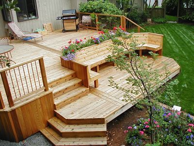 Keep original entry. Add benches and second tier. Hot tub to left Deck With Planters, Tiered Deck, Multi Level Deck, Deck Pictures, Cedar Deck, Wooden Deck, Built In Seating, Custom Decks, Decks Backyard