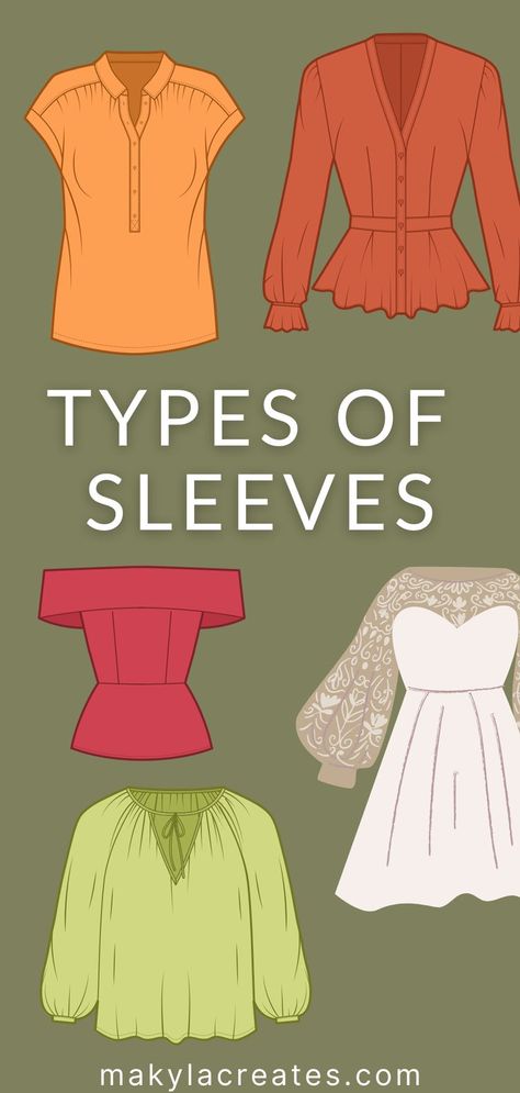 Different drawings of garments with all different types of sleeves Drop Sleeve Top, Kinds Of Sleeves Style, Types Of Sleeves For Blouse, Raglan Sleeve Dress Pattern, Types Of Shirt Sleeves, Types Of Sleeves With Names, Sleeve Types And Styles, Types Of Sleeves For Dresses, Sleeve Shapes