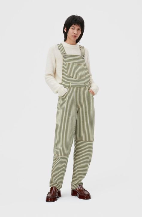 Stripe Denim Overalls | GANNI US Loden Green, Sporty And Rich, Simple White, Denim Overalls, White Tee, Silk Shirt, Bra Women, Denim Fabric, Printed Blouse