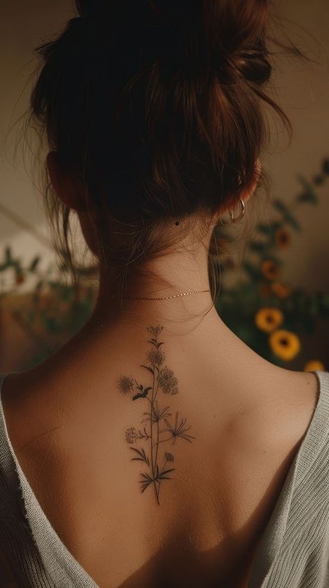 Flower tattoo back skin neck. | premium image by rawpixel.com / saturday Women’s Back Neck Tattoo, Plant Tattoo Behind Ear, Woman Back Of Neck Tattoo, Flower Back Neck Tattoo, Behind The Ear Floral Tattoo, Back Of Neck Tattoo Flower, Back Of Neck Floral Tattoo, Pretty Back Tattoos For Women Spine, Fine Line Back Of Neck Tattoo