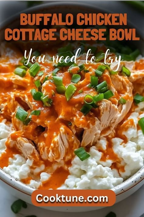 A deliciously satisfying meal perfect for those who love a spicy kick. This Buffalo Chicken Cottage Cheese Bowl combines creamy cottage cheese with spicy buffalo chicken, crunchy celery, and carrots, drizzled with ranch dressing. It's a hearty yet light option that’s perfect for lunch or dinner. Healthy Dinner Recipes Cottage Cheese, Chicken Taco Cottage Cheese Bowl, Cottage Cheese Buffalo Chicken Bowl, Buffalo Chicken Bowl Healthy, Recipes Made With Cottage Cheese, Cottage Cheese Chicken Bowl, Cottage Cheese Buffalo Chicken Dip, Chicken Cottage Cheese Bowl, Cottage Cheese And Chicken Recipes