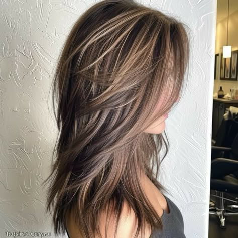 Brown With Carmel Hilights, Long Layered Haircuts With Highlights, Shag Hair Highlights, Medium Length Haircut For Thick Hair Round Faces Over 40, Texture Layers Medium, Hair Styles With Layers Medium, Layered Hair 2024, Long Layered Highlighted Hair, Long Hair With Layers 2024