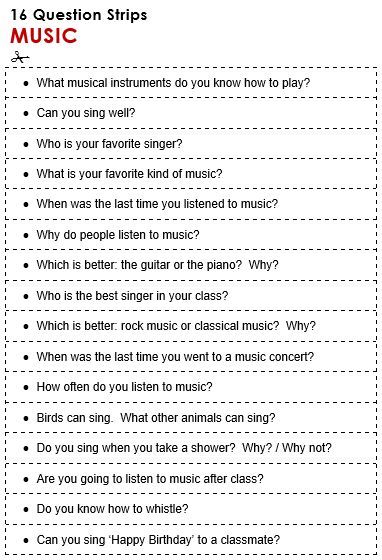 Music Questions To Ask, Music Questions, English Questions, English Conversation For Kids, Ingles Kids, Speaking Activities Esl, Speaking Activities English, English Conversation Learning, English Teaching Materials