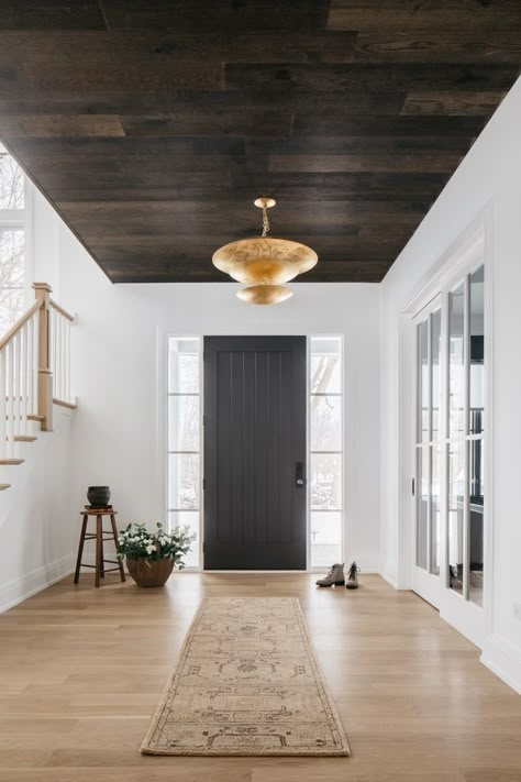 Dark Shiplap Ceiling, Hardwood On Ceiling, Dark Wood Ceiling, Chantilly Lace Benjamin Moore, Benjamin Moore Chantilly Lace, Foyer Ceiling, Foyer Paint Colors, Wood Plank Ceiling, Foyer Furniture