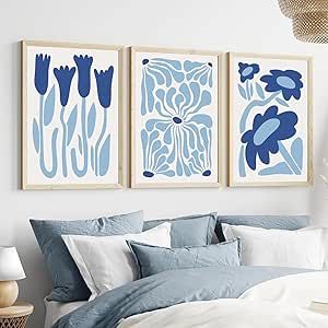 Blue Floral Bedroom, Art Over Bed, Matisse Abstract, Yellow Artwork, Navy Decor, Gallery Painting, Apartment Wall Decor, Artwork Decor, Floral Bedroom