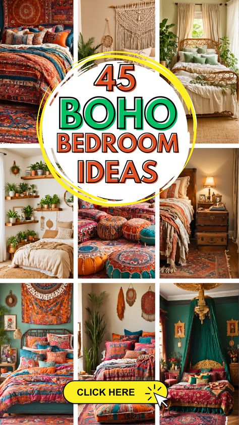 Moroccan Theme Bedroom, Colorful Eclectic Bedroom Bohemian Style, Boho Moroccan Bedroom, Bedroom Nature Theme, Bedroom Boho Ideas, Colorful Eclectic Bedroom, Moroccan Inspired Bedroom, Boho Decorating, Cozy Eclectic