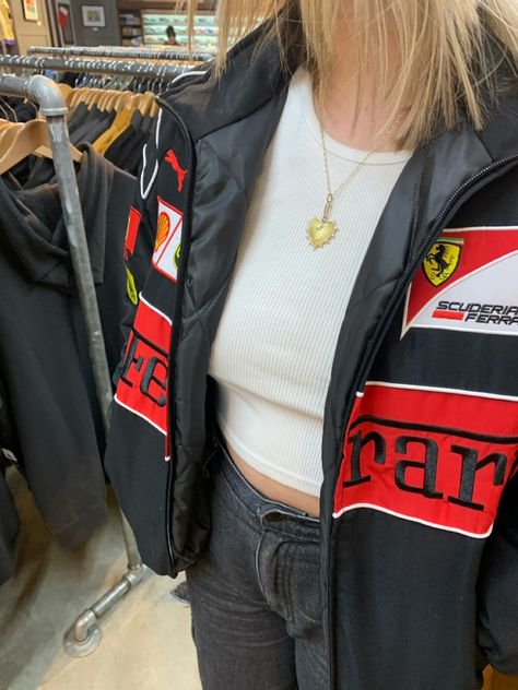 Ootd | sports jacket | race car driver jacket | bomber jacket | ootd | outfit ideas | streetwear | fashion #fashion #aesthetic #racecar #bomberjackets #ootd Vintage Sport Jacket Outfit, Race Car Outfit Aesthetic, Racecar Jacket Outfit, Black Ferrari Jacket, Race Car Jacket Outfit, Niki Concert, Racer Jacket Outfit Women, Racecar Jacket, Racer Jacket Outfit