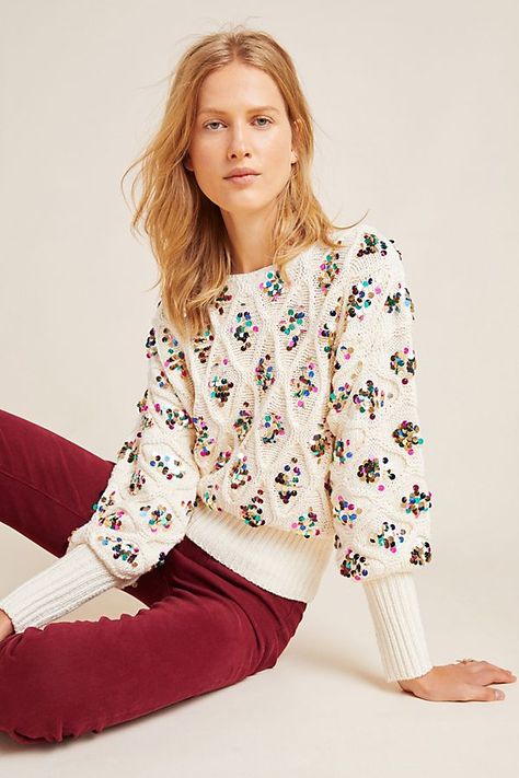 Anthropologie’s new holiday clothes are all so merry and bright Multicolor Sequins, Sparkly Sweater, Sequin Sweater, Anthropologie Sweater, Chunky Sweater, Sweater Weather, Knitted Pullover, Chunky Knit, Pullover Styling