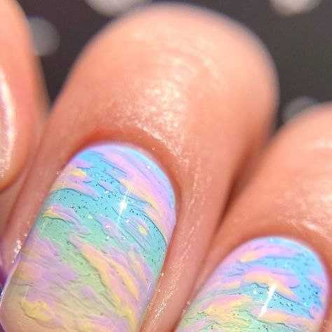 Karenna ✨ on Instagram: "*pr sample/paid* Holo!! @holotaco just dropped their new Pastel Cremes and they're ADORABLE!! 💕 I’ve been incredibly lucky enough to have the chance to work with these polishes and make a cute nail art. These colors reminded me so much of a pastel sky, and that’s what I tried to recreate on my nails! ☁️ The clouds were very fun to do, and I LOVE the extra effect that Scattered Holo Taco has with these nails! I wanna extend a BIG thank you to @simplynailogical and the @h Pastel Sky Nails, Blending Nail Polish, Pastel Cloud Nails, Layered Nail Art, Opal Nail Art, Holo Nail Art, Holo Taco Nails, Simplynailogical Nails, Vaporwave Nails