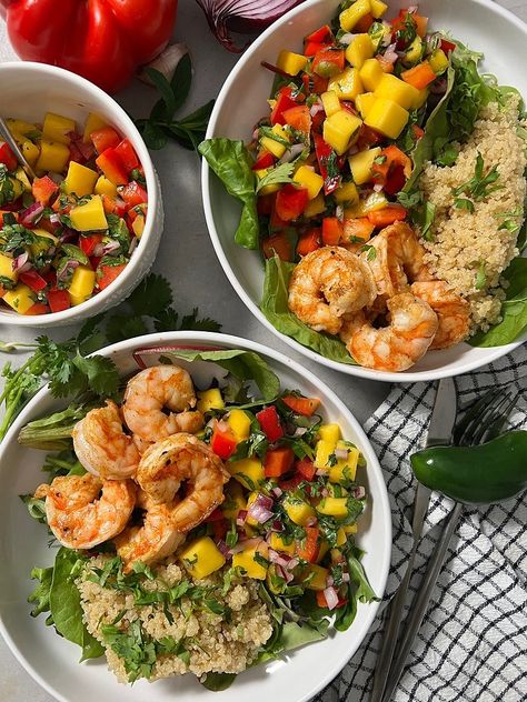 See our easy and delicious 15-minute Shrimp & Quinoa Salad recipe. All of our healthy and nutritious recipes will support your weight loss goals. Quinoa Bowl Recipes Healthy, Mediterranean Protein, Gina Livy Recipes, Quinoa Bowl Recipes, Shrimp Quinoa Bowl, Bowl Recipes Healthy, Mango Quinoa Salad, Gina Livy, Shrimp Mango