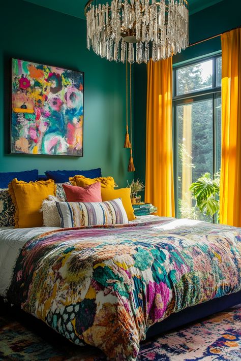 Transform your bedroom with vibrant wall art ideas! 🎨🛏️ This bold abstract painting adds a pop of color, perfectly complementing rich jewel tones and luxurious textures. Discover more decorating tips to elevate your space! #WallArtIdeas #HomeDecor #InteriorDesign Colorful Boho Bedroom Jewel Tones, Bold Colour Bedroom, Colorful Decor Ideas, Jewel Toned Decor, Bright Maximalist Decor Bedroom, Jewel Tone Decor Interior Design, Gemstone Bedroom, Jewel Tone Apartment, Primary Color Bedroom