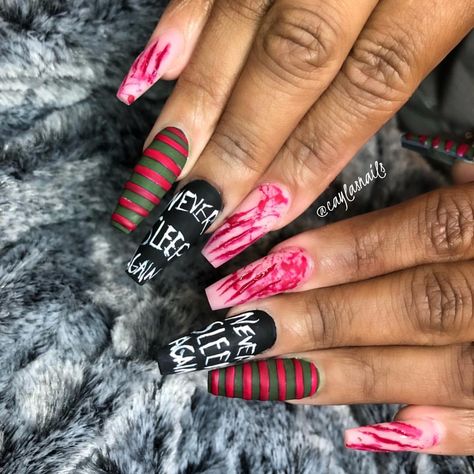 Friday The 13th Nails Acrylic, Freddie Kruger Nails, Freddy Vs Jason Nails, Halloween Nails Freddy Kruger, Freddy Krueger Nails Acrylic, Nightmare On Elm Street Nails, Freddy Nails, Freddy Krueger Nails, Epic Nails