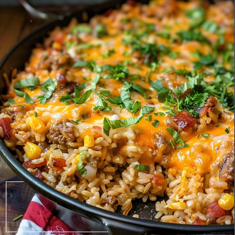 Skillet Cowboy Rice Casserole Cowboy Rice, Rice Skillet, Rice Casserole Recipes, Diced Green Chilies, Rice Varieties, Canned Beans, Train Wreck, Rice Casserole, Chicken Casserole