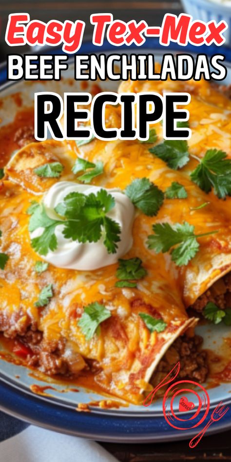 Easy Tex-Mex Beef Enchiladas Tex Mex Enchiladas, Easy Enchilada Recipe, Easy Beef Enchiladas, Beef Enchilada Recipe, Seasoned Ground Beef, Ground Beef Enchiladas, Beef Wraps, Easy Enchiladas, Cheese Enchiladas