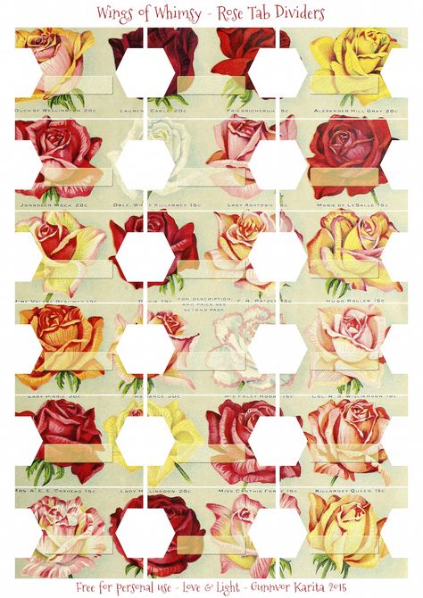 Wings of Whimsy: Antique Seed Catalog Reinvented - Rose Tab Dividers #vintage #ephemera #freebie #printable #tab #divider #rose #seed #catalog Printable Tabs, Binder Tabs, A4 Sticker, Book Tabs, Planner Tabs, Printable Collage Sheet, Seed Catalogs, Free Vintage Printables, Crafting Paper