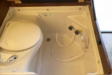 Installing a Shower In a Pop-Up Camper (Shower Toilet Combo) Shower Toilet Combo, Toilet Shower Combo, Wood Shower Mat, Best Pop Up Campers, Teak Shower Mat, Camp Toilet, Outdoor Camping Shower, Camper Bathroom, Rv Bathroom