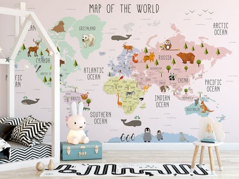 Map Nursery, Map Wall Mural, Maps For Kids, World Map Wallpaper, Murals For Kids, Animal Wall Decals, Nursery Theme, Map Wallpaper, Floral Drawing