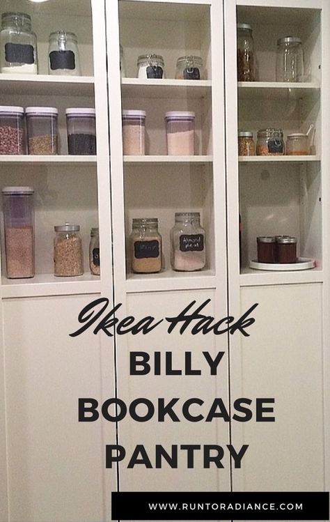 IKEA Hack Billy Bookcase - Kitchen Pantry using Ikea bookcase. Believe it or not this works better as a kitchen pantry than its intended use. Ikea Hack Billy, Bookcase Pantry, Pantry Hacks, Standing Pantry, Ikea Pantry, Billy Ikea, Billy Bookcases, Billy Bookcase Hack, Billy B