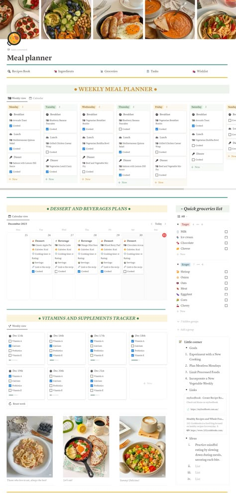 Elevate your meal planning and culinary journey with this Notion Meal Planner Template, a digital tool designed to help you organize your meals and groceries effortlessly. Groceries Ingredients Recipes Page Wishlist Tasks List Notion Meal Planner, Tasks List, Recipes Using Rotisserie Chicken, Meal Prep Planner, Meal Train Recipes, Food Art For Kids, Meal Planner Template, Diet Planner, Meal Planning Template