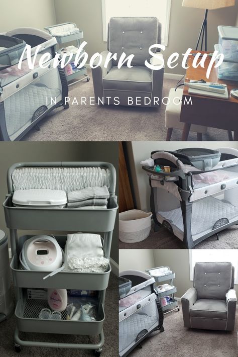 Bedroom Newborn Setup, Bedroom Ideas For Newborn, Newborn In Bedroom, Room Sharing With Newborn, Nursery Setup In Parents Room, Newborn Set Up, Bedside Set Up For Newborn, Newborn Area In Parents Room, Newborn Room Ideas Boy