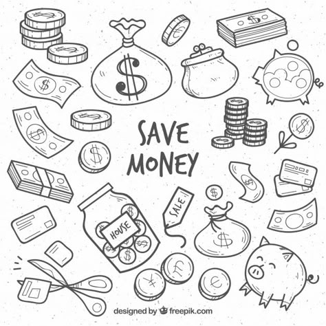 Collection of sketches of elements relating to money Free Vector Business Drawing Ideas, Drawing Of Money, Money Drawing Sketches, Rich Drawing, Money Sketch, Money Doodle, Money Design Art, رسم كاريكاتير, Money Drawing