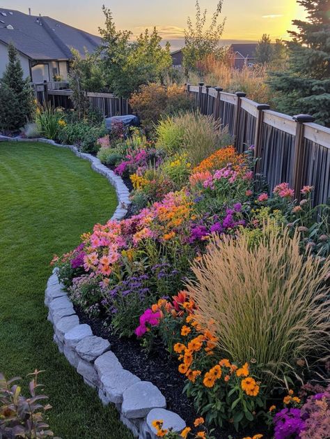 Backyard Landscaping Edging Ideas, Wild Flower Garden Front Yard, Wild Flowers Front Yard, Flower Garden In Backyard, Flower Beds Side Of House, Wildflower Front Garden, Wild Flower Landscaping, Flowers Around House, Small Flowerbed