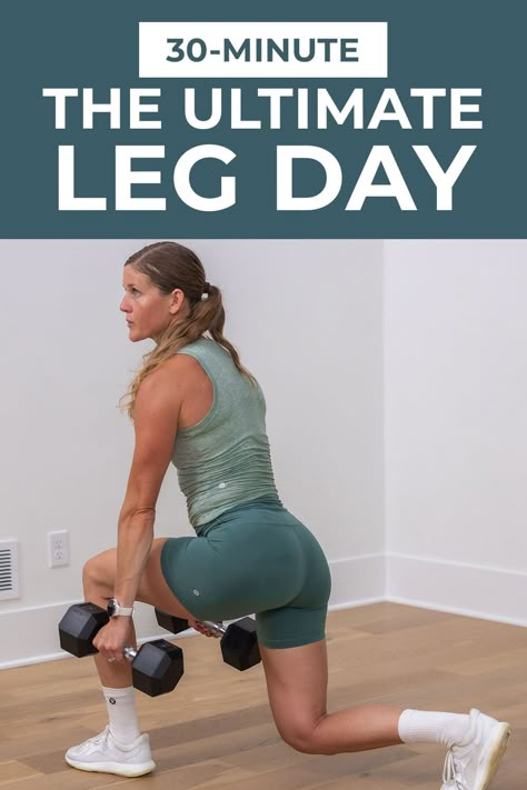 Revamp your leg day routine with this quick and effective training session. I've programmed the best leg day workout for building strength and explosive power in the lower body, all from the comfort of your home. We'll target the quads, hamstrings, hips and glutes in just 30 minutes, using a set of dumbbells. Whether you're a seasoned athlete or fitness beginner, this leg day is an effective and efficient workout designed to fit into your busy schedule. Best Leg Day Workout, 30 Minute Leg Workout, Leg Day Workout For Women, Leg Day Workout Routine, Compound Leg Exercises, Best Hamstring Exercises, Strength Training Workouts For Women, Training Workouts For Women, Best Leg Exercises