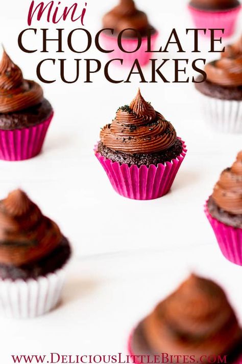 Mini Chocolate Cupcakes are incredibly delicious, 2-bite treats. They are rich and decadent with the perfect amount of sweetness. Mini desserts are an especially great dessert choice for parties and entertaining. They pair perfectly with our Homemade Chocolate Buttercream Frosting. | #cupcakes #minicupcakes #desserts #minidesserts #chocolatecupcakes Cupcakes Chocolate Frosting, Light Cupcakes, Mini Cupcake Recipes, Mini Chocolate Cupcakes, Homemade Chocolate Buttercream Frosting, Frosting For Chocolate Cupcakes, Cupcake Flavours, Vegan Chocolate Frosting, Chocolate Cupcakes Recipe