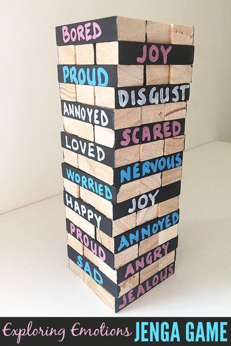 Emotions Jenga, Emotional Literacy Activities, Teach Feelings, Therapeutic Games, Emotions Game, Play Therapy Activities, Feelings Games, Counseling Games, Jenga Game