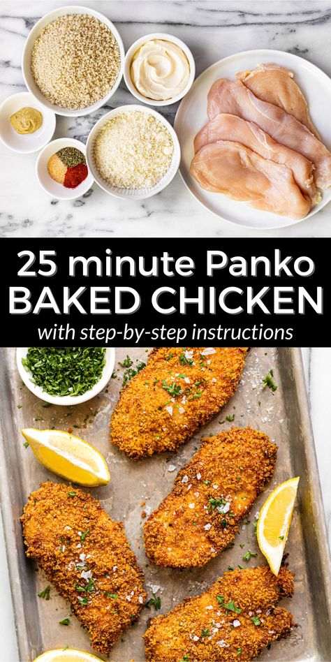 Ready in less than 30 minutes, this panko chicken recipe is the perfect quick and easy weeknight dinner! Instead of the traditional egg coating, we opt for a mayo and mustard mixture that not only adds extra flavor but also ensures that the chicken is juicy on the inside and crispy on the outside. Chicken Panko Recipes, Baked Panko Chicken, Panko Recipes, Panko Breaded Chicken, Baked Breaded Chicken, Panko Chicken, Breaded Chicken Recipes, Chicken Baked, Breaded Chicken Breast