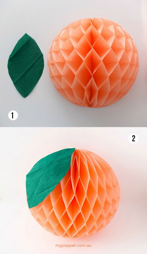 How to make a tissue paper peach decoration. mypoppet.com .au Fruit Party Decorations, Diy Honeycomb, Peach Decor, Paper Fruit, Paper Peach, Citrus Baby, Peach Baby Shower, Fun Fruit, Orange Baby Shower