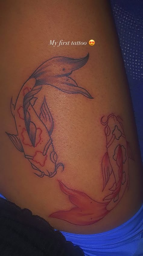 Koi Fish Tattoo Women, Koi Fish Wrist Tattoo, Coi Fish Thigh Tattoos, Koi Fish Tattoo On Hip, Hip Tattoos Koi Fish, Koi Fish Tattoo On Thigh, Black And Red Koi Fish Tattoo, 3 Koi Fish Tattoo, Koi Fish Thigh Tattoo