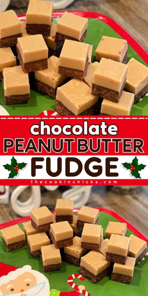 This Chocolate Peanut Butter Fudge is a smooth and creamy treat that is perfect to make at home this holiday season. Using only a few ingredients, this double-layer fudge combines the rich chocolate and creamy peanut butter that is perfect to satisfy your sweet tooth cravings. This quick and easy recipe is an awesome Christmas dessert you can serve to your family and friends. Peanut Butter Velveeta Fudge, Four Ingredient Fudge, Fantasy Fudge Recipe Original Peanut Butter, Peanut Butter Fudge Chocolate, Peanut Butter Fudge With Marshmallow Cream Jiffy, Hershey Bar Fudge Recipe, Fudge Round Recipe, Chocolate Peanut Butter Fudge Recipes Easy, Layered Fudge Recipes