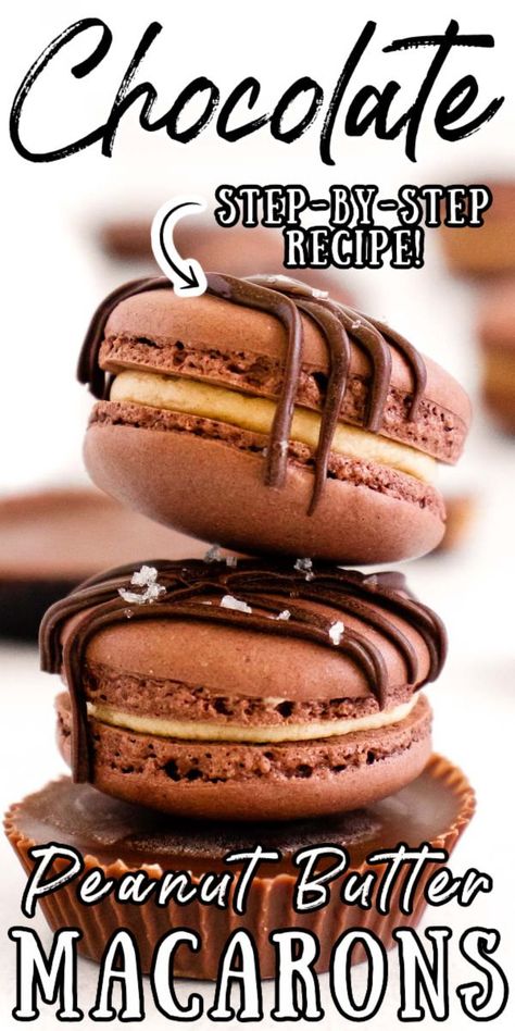 Peanut Butter Chocolate Macarons, Peanut Butter Macaron Filling, Chocolate Peanut Butter Macarons, Cookie Butter Macarons, Maccarone Recipes, Macaron Recipe Flavors, Peanut Butter Macarons, Easy French Macaron Recipe, Fluffy Peanut Butter Frosting