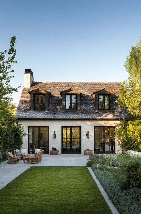 Check out all of these charming and sophisticated modern French country houses with their captivating exterior. Cedar Shake And Stucco Exterior, Exterior House Dormers, Luxury Custom Homes, French Modern Tudor House, 1 5 Story House Exterior, European Country Exterior, French Inspired House Exterior, French Country Modern Interior, French Country Contemporary