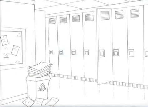 School Hallway Drawing, Locker Drawing, School Drawing Building, School Bathroom, Beach Wall Collage, School Hallways, School Cartoon, Scene Drawing, School Lockers