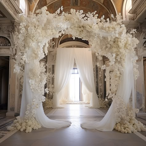 Wedding Arch Unique, Angelic Wedding Theme, Wedding Altar Ideas Indoor Ceremony Arch, Angel Wedding Theme, White Arch Wedding, Modern Chuppah, Wedding Tunnel, Wedding Draping Backdrop, Royal Photoshoot