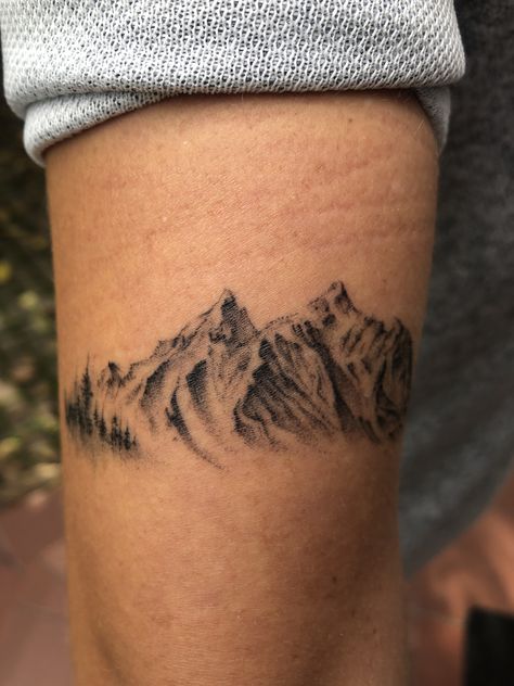 Mountain Thigh Tattoos Men, Detailed Mountain Tattoo, Mens Landscape Tattoo, Big Sky Tattoo, Alaskan Mountain Tattoo, Realistic Mountain Tattoo, Backpacking Tattoo, Men Stomach Tattoos, Mountain Scene Tattoo