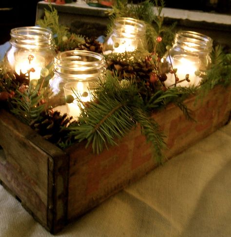 Winter Rustic Crate & Pine Centerpiece.....add red holly or red ribbon for more of a X-mas look! Natal Country, Christmas Mason Jars, Christmas Jars, Christmas Lanterns, Noel Christmas, Christmas Love, Christmas Centerpieces, Country Christmas, Decoration Christmas